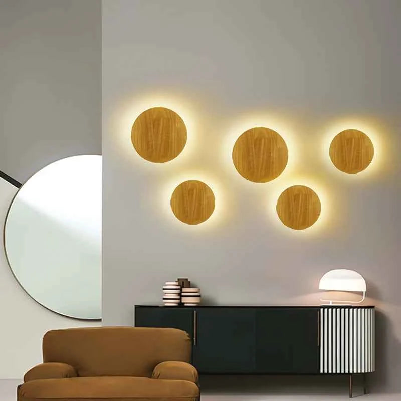 Nordic LED Wall Light Modern Original LED Circular Wooden Wall Light Personalized Bedside Bedroom Staircase Wall Hanging Light