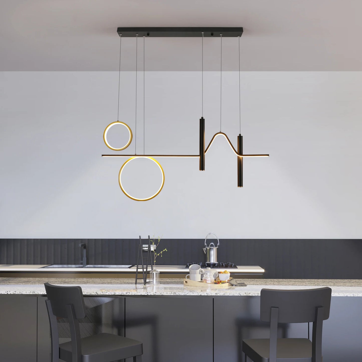 Radientia Modern LED Wave Pendant Chandelier – Black & Gold, Dimmable with Remote