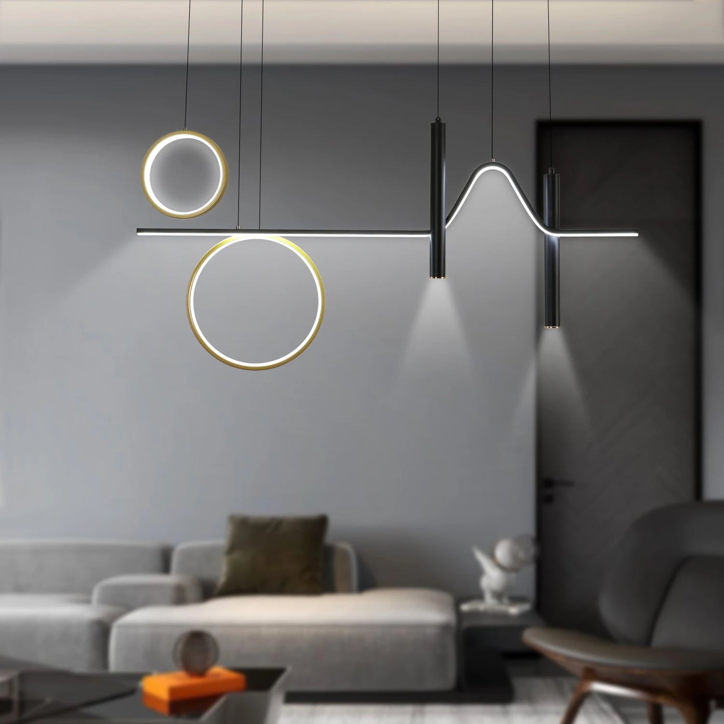 Radientia Modern LED Wave Pendant Chandelier – Black & Gold, Dimmable with Remote